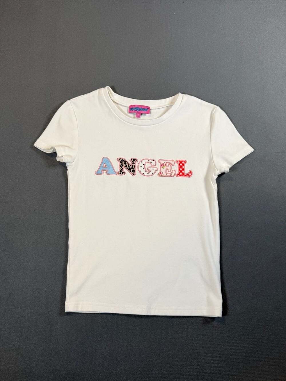 Edikted Angel Baby Tee XS White Y2K Coquette Leopard Floral Applique Top